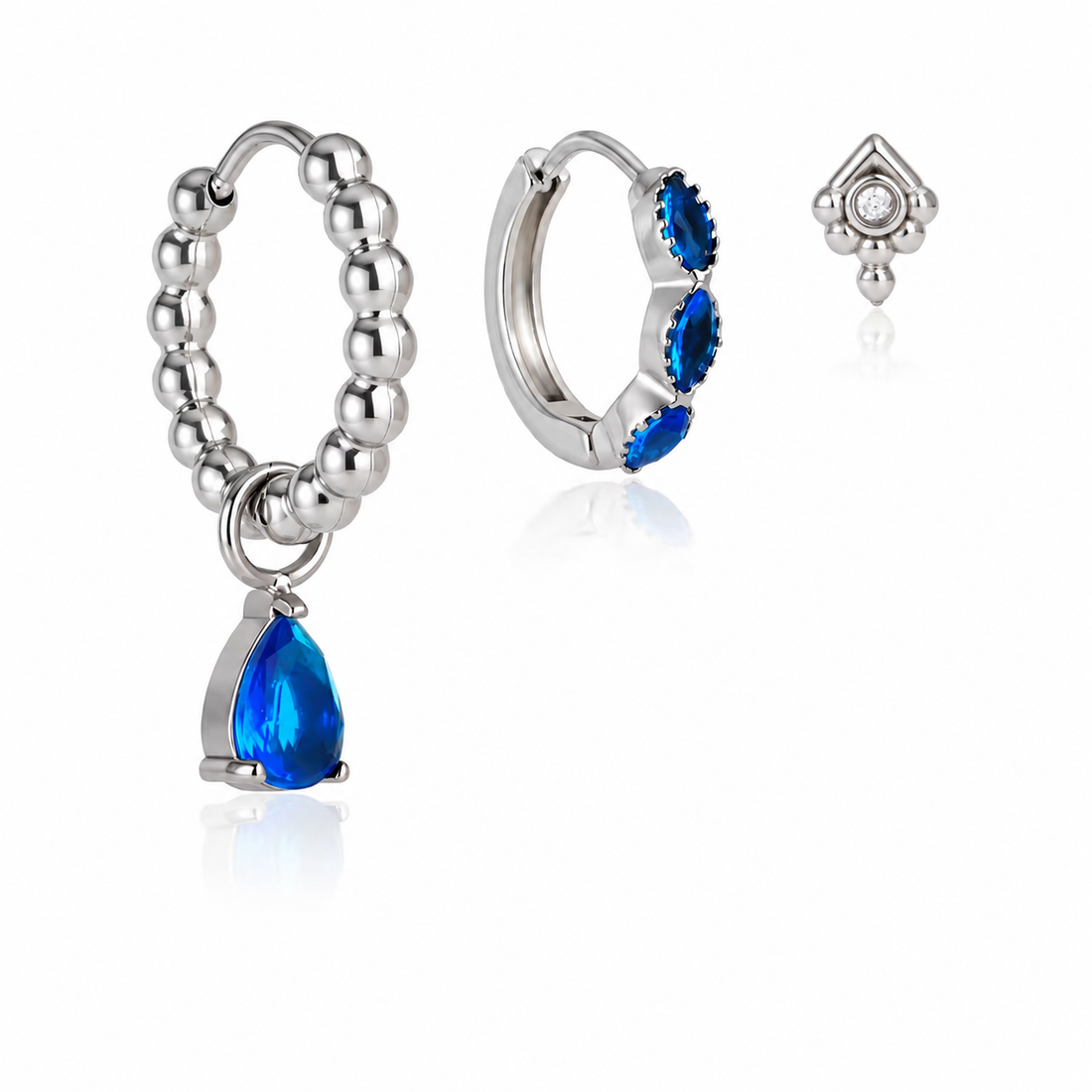 Silver CZ Teardrop Hoop, Marquise Huggies, Boho Stud Earrings
