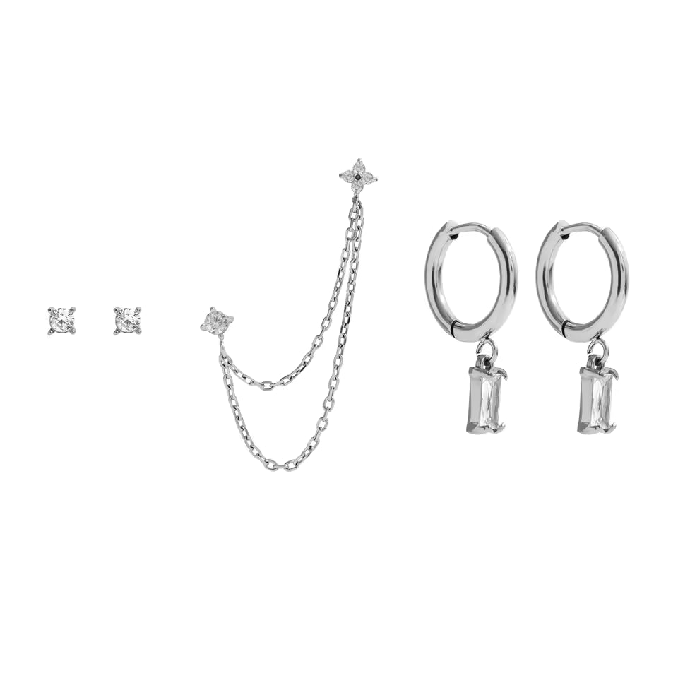 Silver Crystal Earring Set — Studs, Chain & Huggie