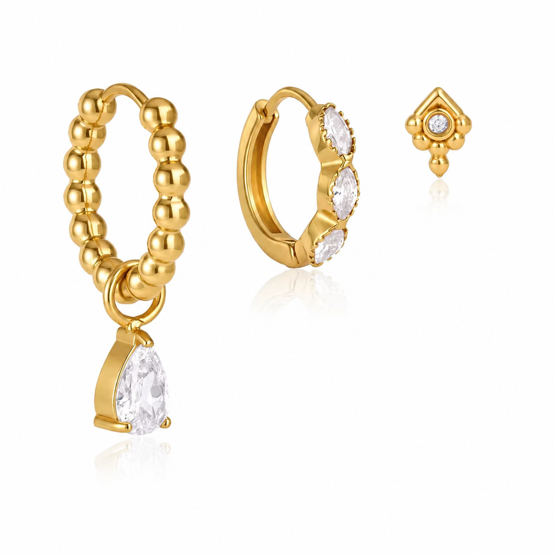 Gold CZ Teardrop Hoop, Marquise Huggies, Boho Stud Earrings