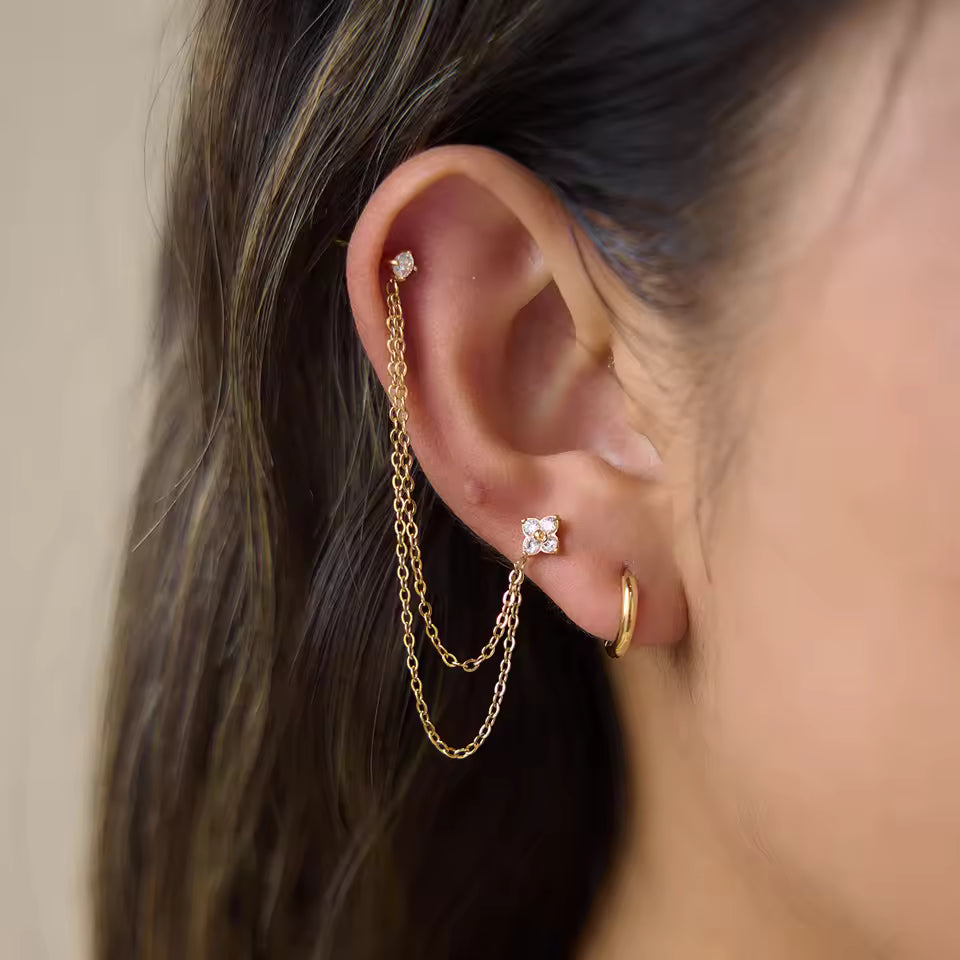 Gold Crystal Earring Set — Studs, Chain & Huggie