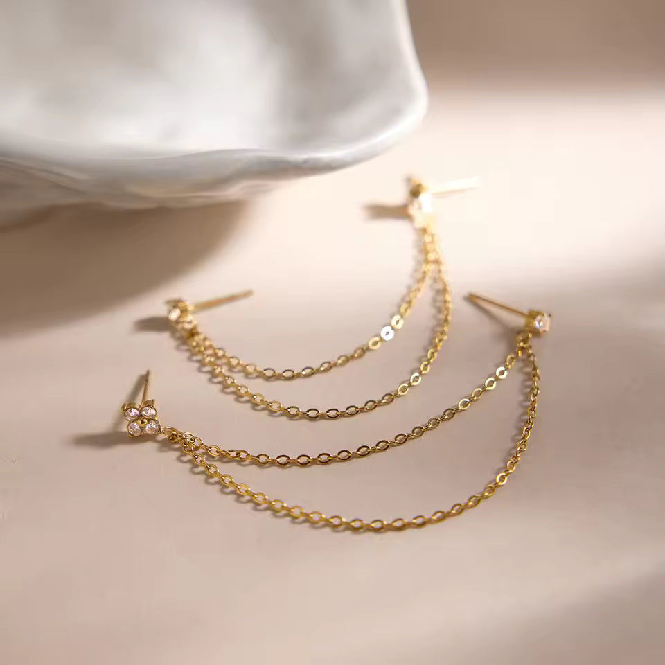 Gold Crystal Earring Set — Studs, Chain & Huggie