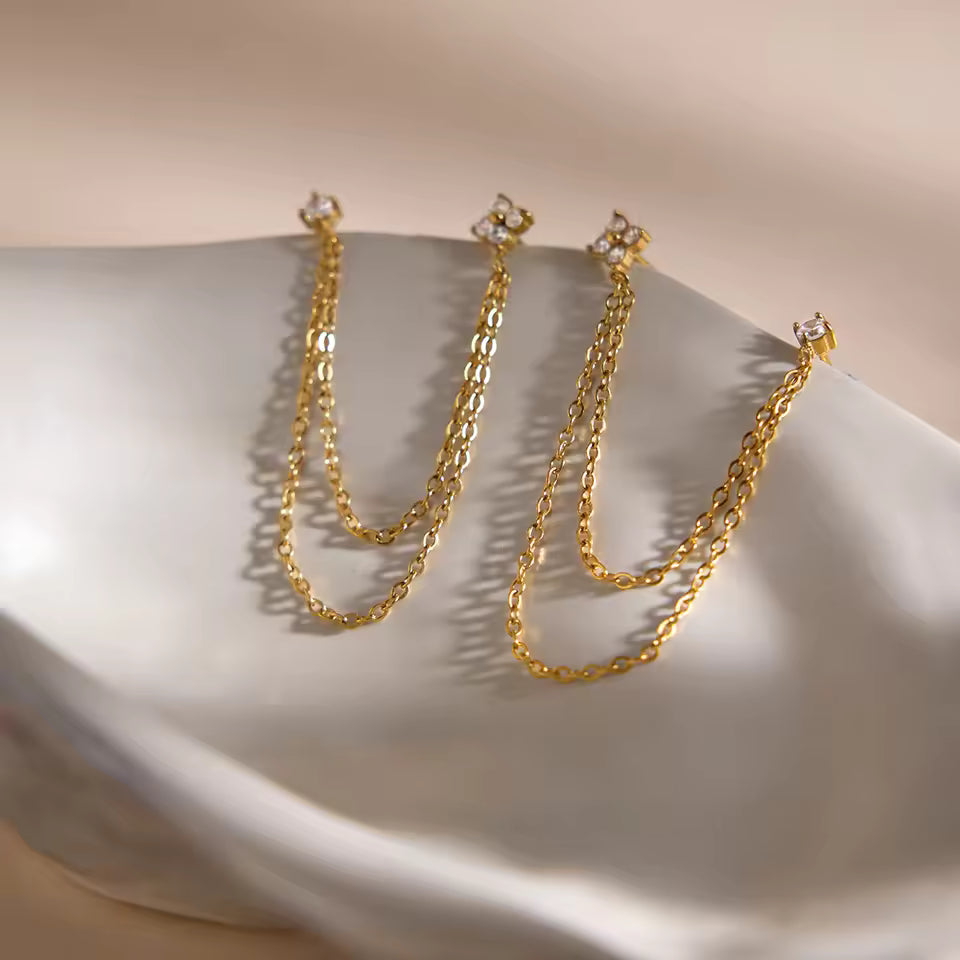 Gold Crystal Earring Set — Studs, Chain & Huggie