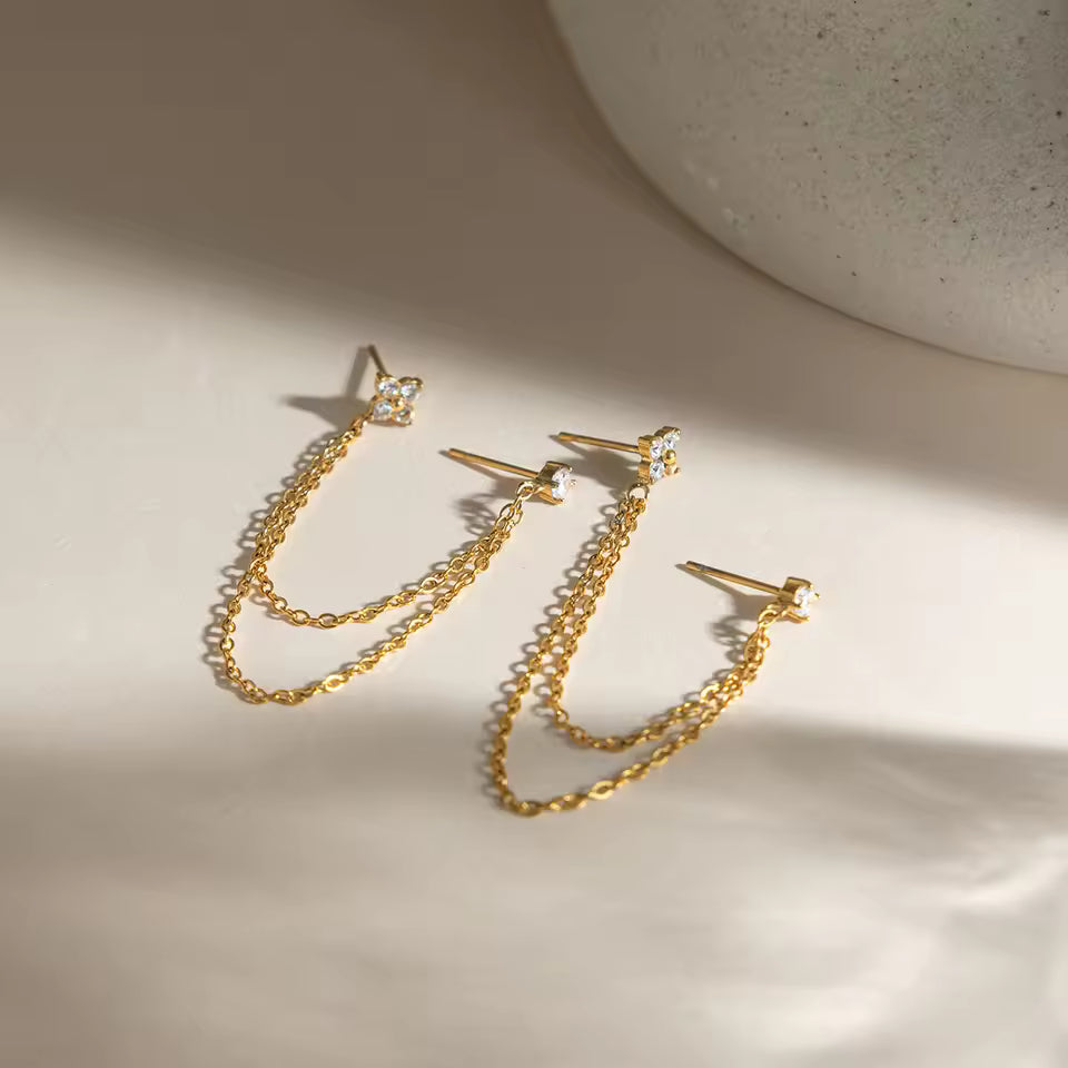 Gold Crystal Earring Set — Studs, Chain & Huggie