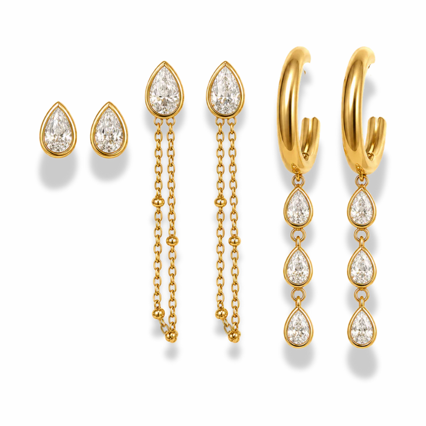 Gold Teardrop Crystal Earring Set — 3 Styles