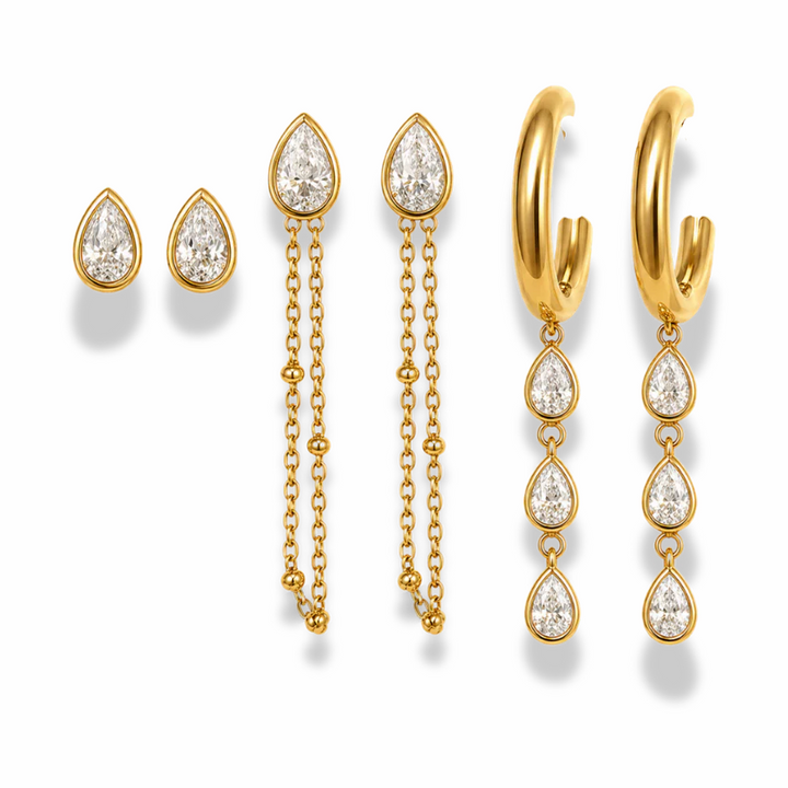 Gold Teardrop Crystal Earring Set — 3 Styles