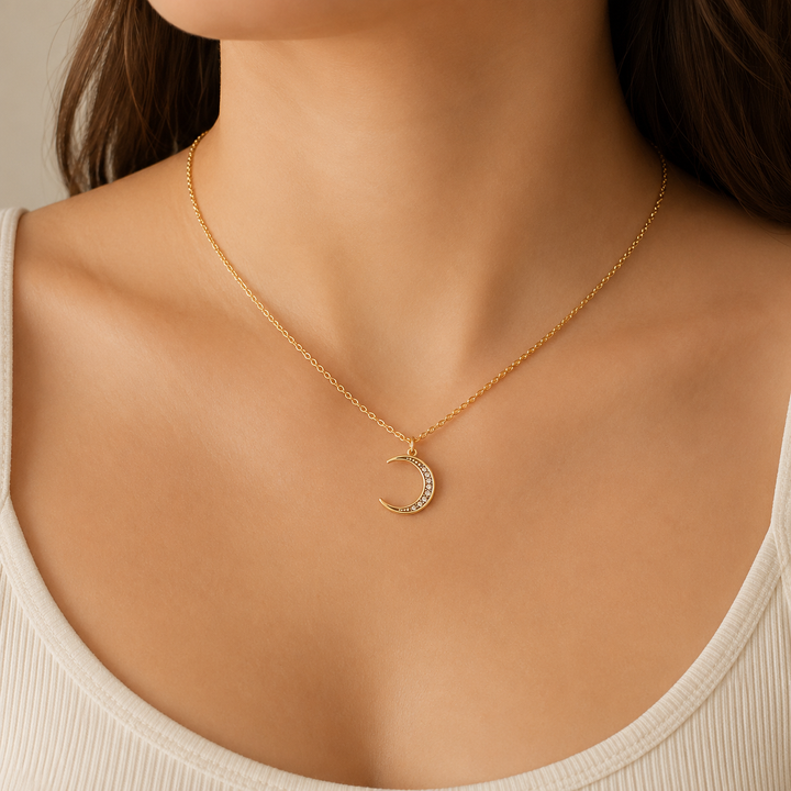Gold Pave Moon Pendant Necklace
