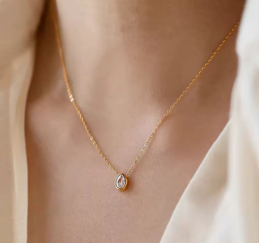 Gold Pear Bezel CZ Necklace