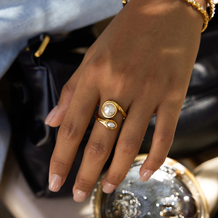 Gold Pearl Ring on Model