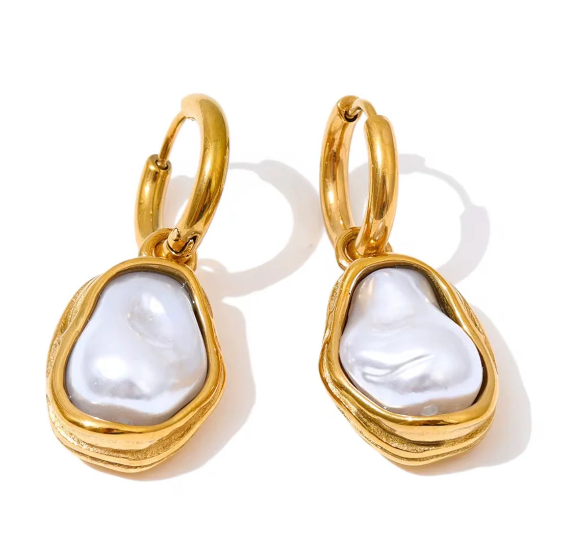 Gold Baroque Pearl Huggie Earrings