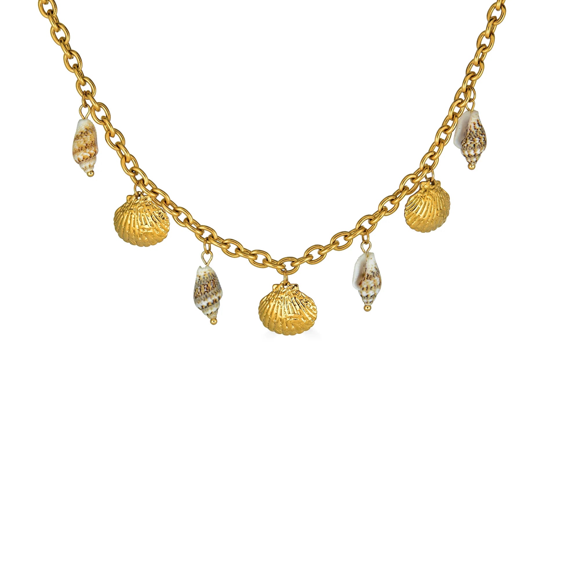 Gold chain necklace with shell pendants on a white background