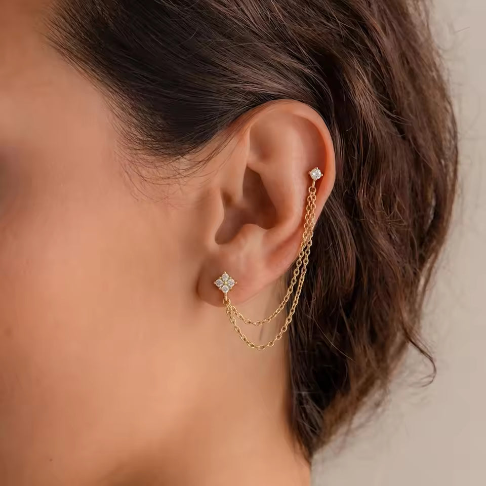 Gold Crystal Earring Set — Studs, Chain & Huggie