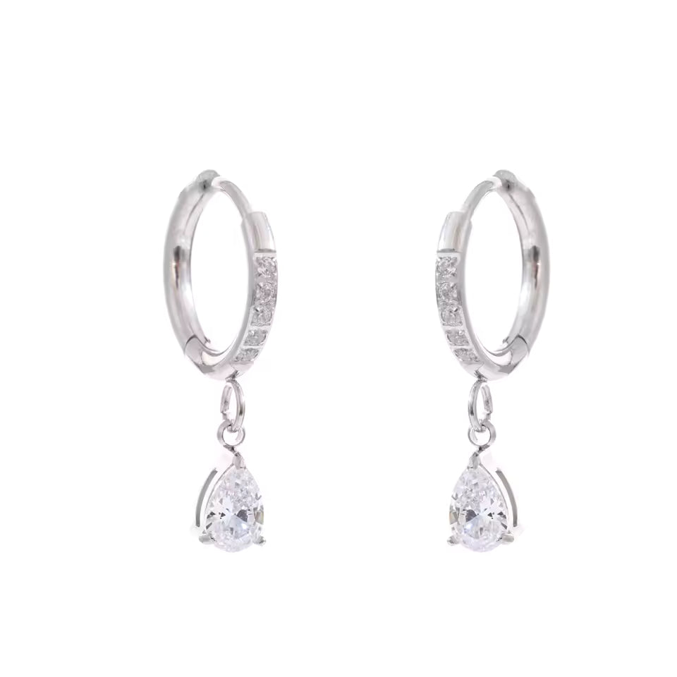 Silver Pavé Huggie with CZ Drop Earrings