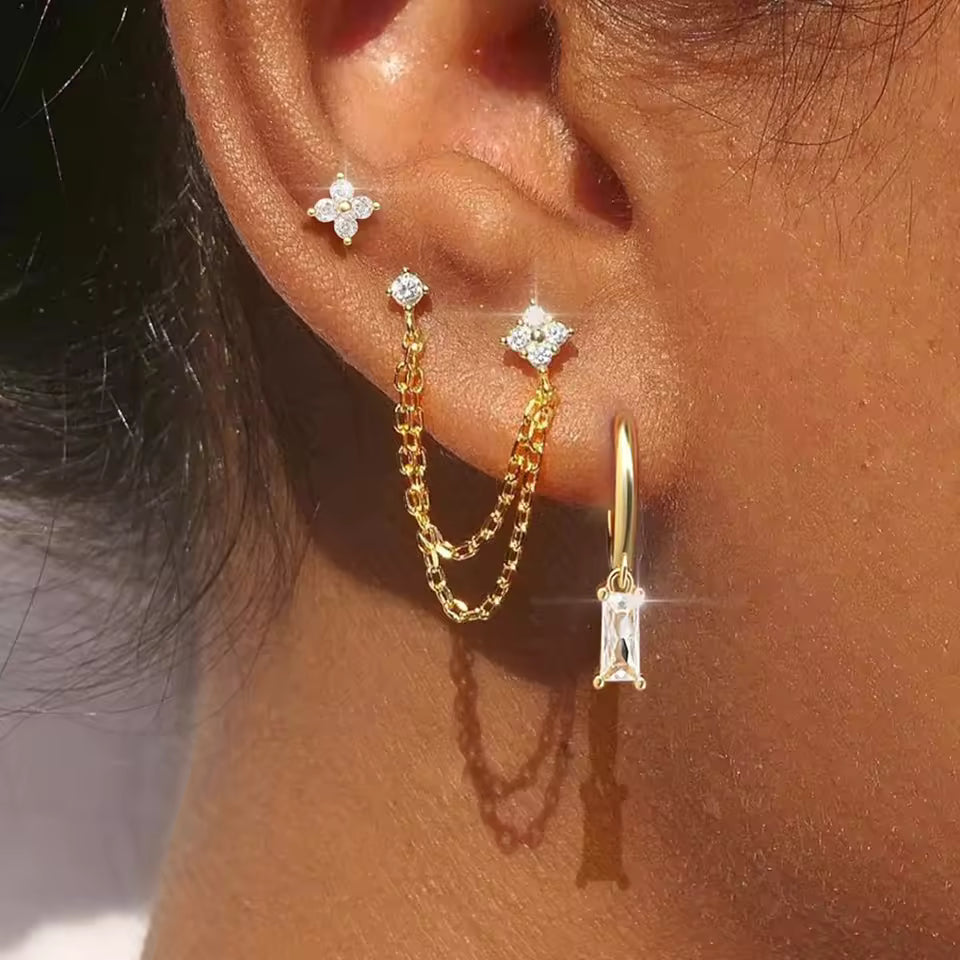 Gold Crystal Earring Set — Studs, Chain & Huggie