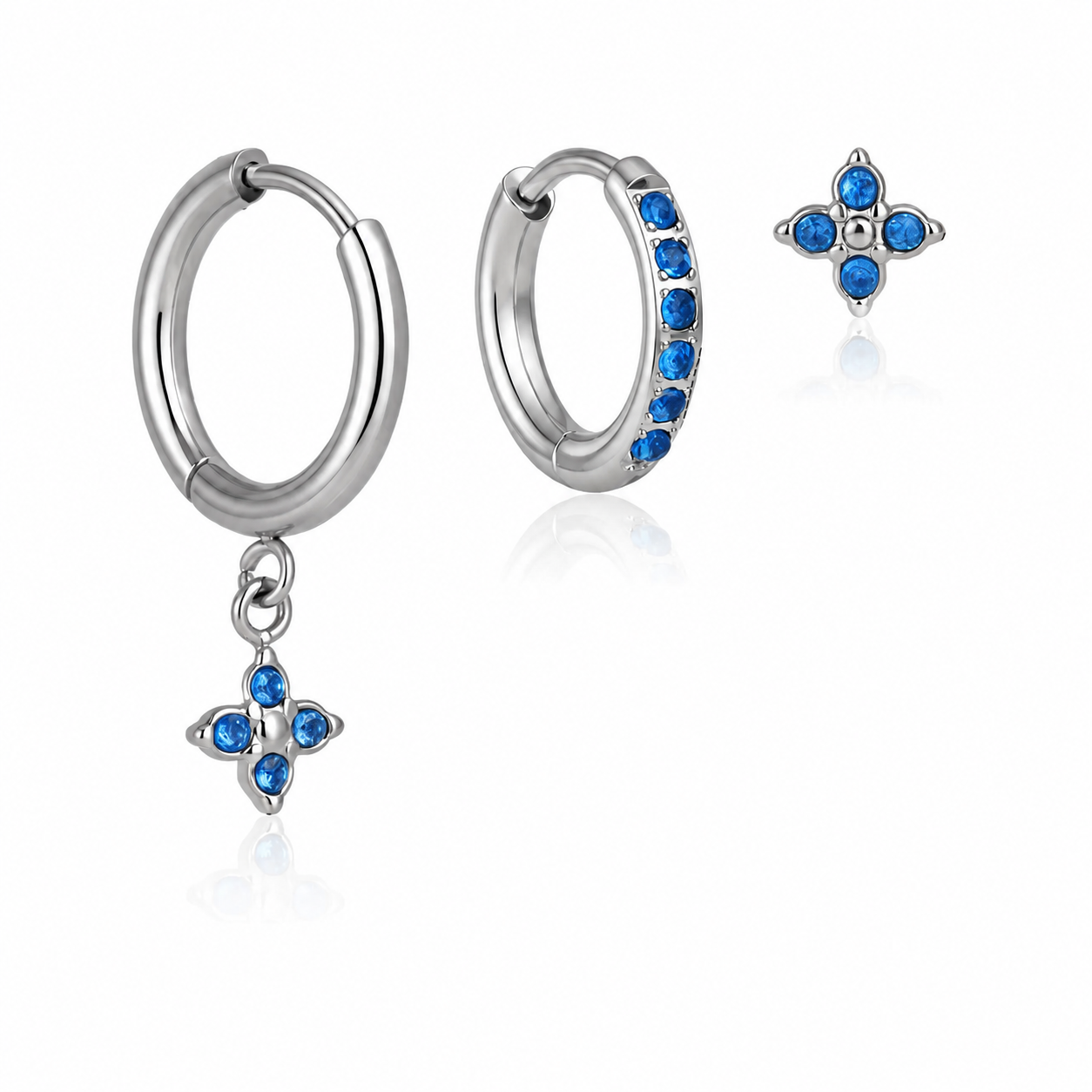 Sapphire Silver Clover Hoop Set
