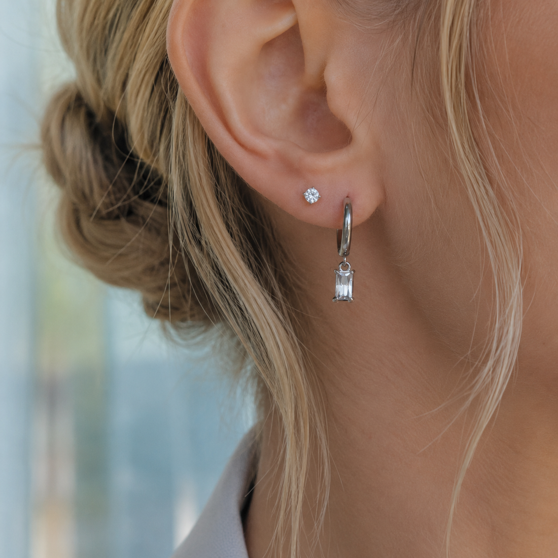 Silver Crystal Earring Set — Studs, Chain & Huggie