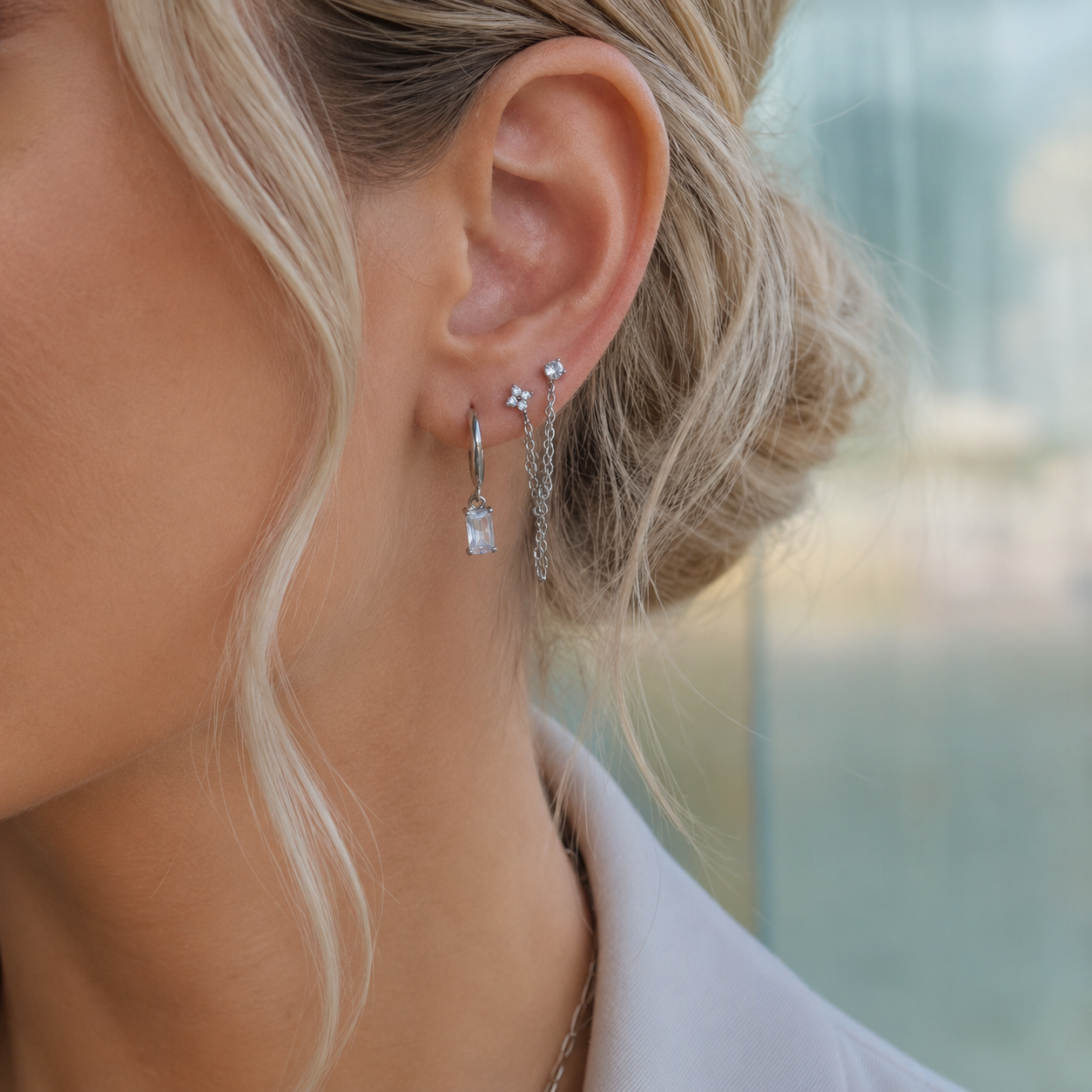 Silver Crystal Earring Set — Studs, Chain & Huggie