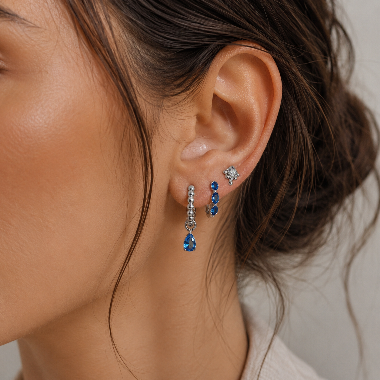 Silver CZ Teardrop Hoop, Marquise Huggies, Boho Stud Earrings