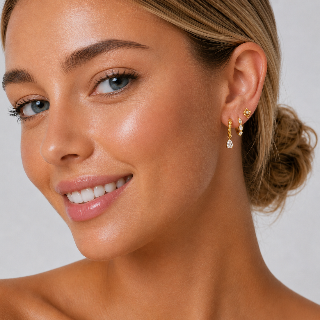 Gold CZ Teardrop Hoop, Marquise Huggies, Boho Stud Earrings