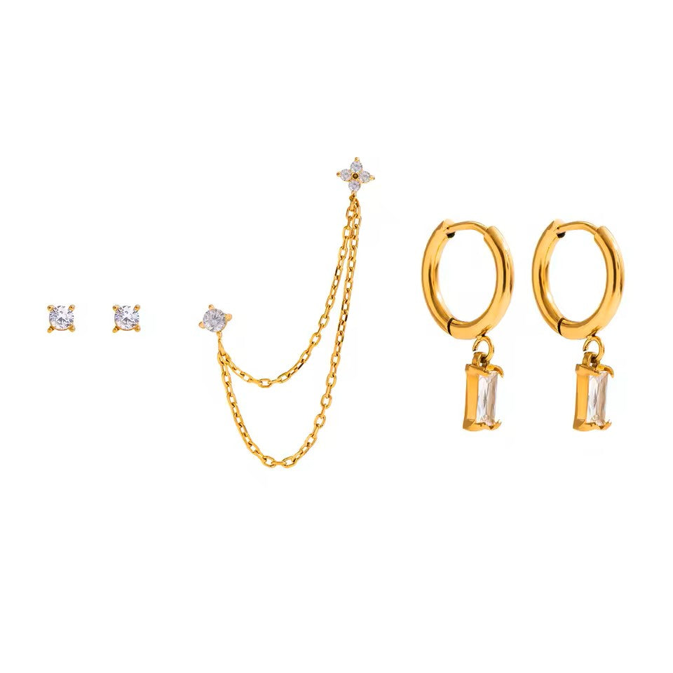 Gold Crystal Earring Set — Studs, Chain & Huggie