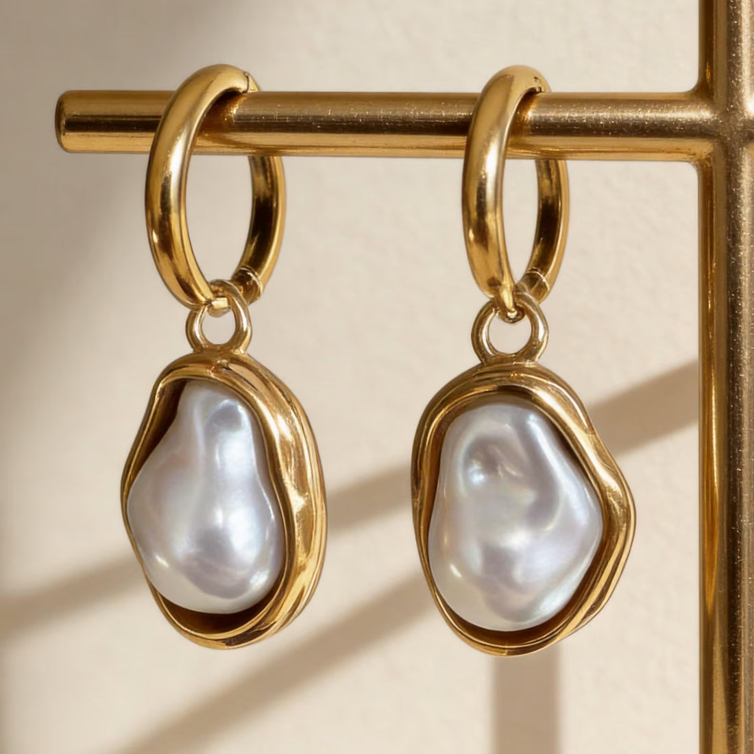 Gold Baroque Pearl Huggie Earrings