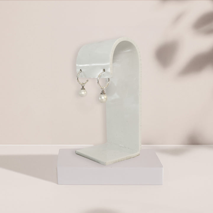 Sterling Silver C-Shape Huggie Earrings with Pearl Drop