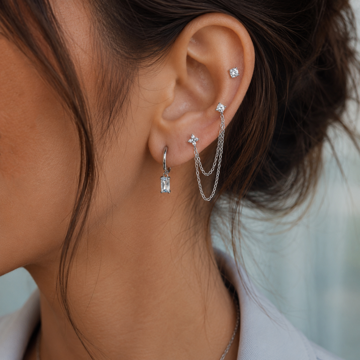 Silver Crystal Earring Set — Studs, Chain & Huggie