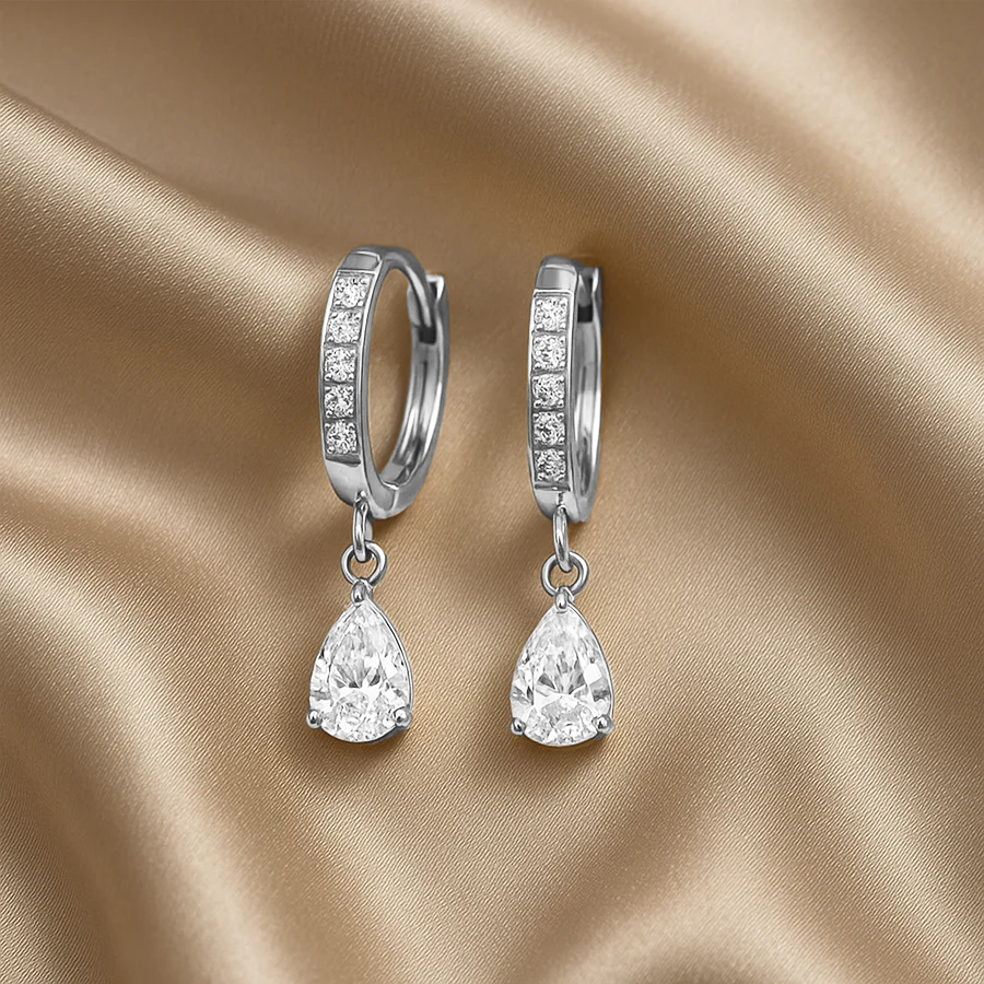 Silver Pavé Huggie with CZ Drop Earrings